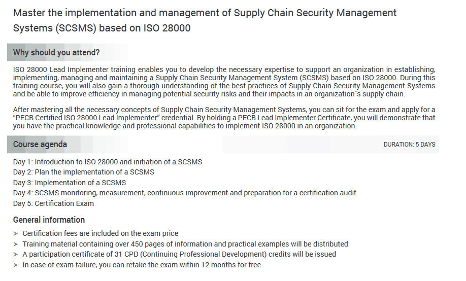 Supply Chain Security Management Lead Implementer - ISO 28000